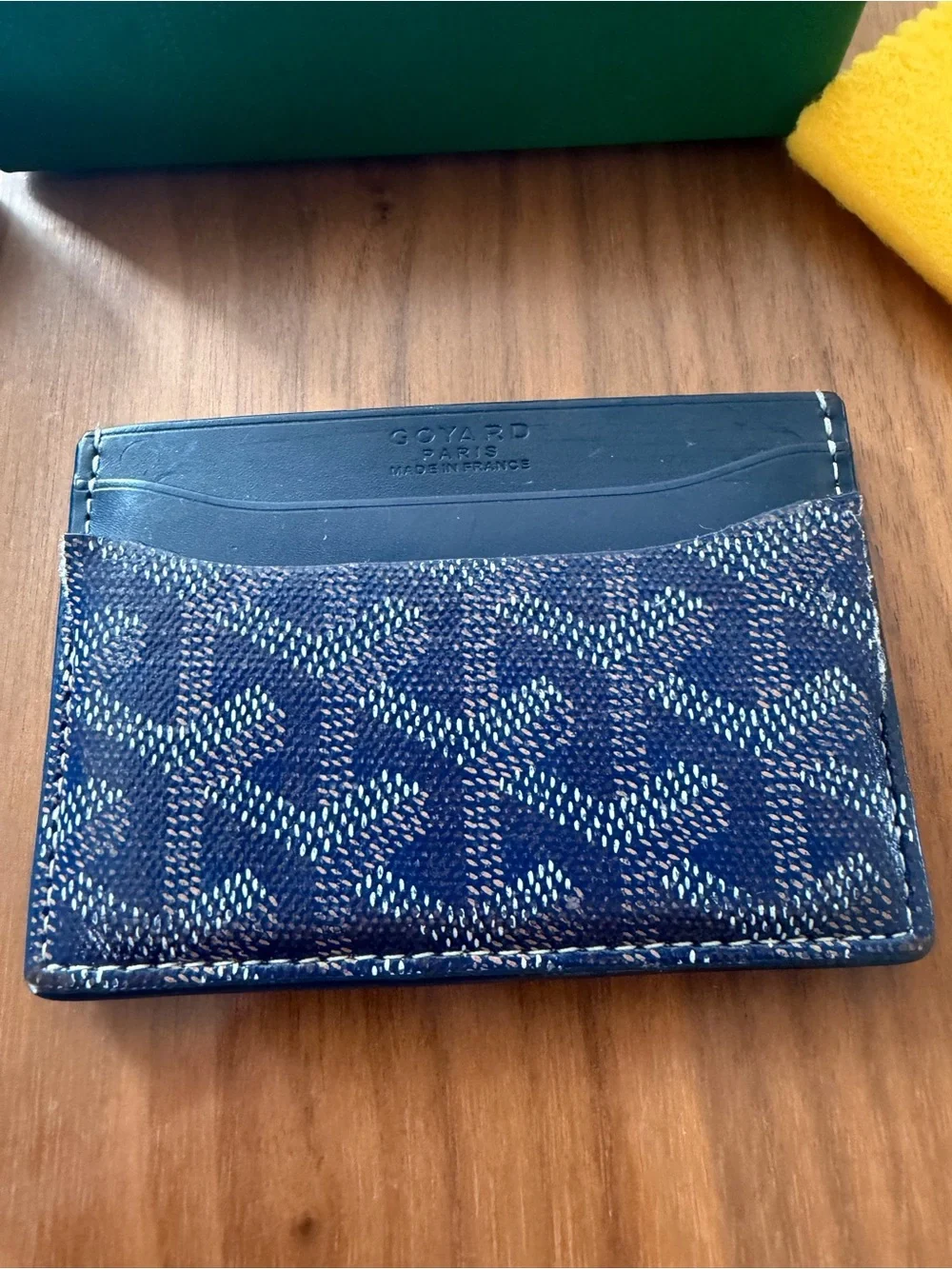 Goyard Blue Patterned Card Holder with Navy Leather Trim